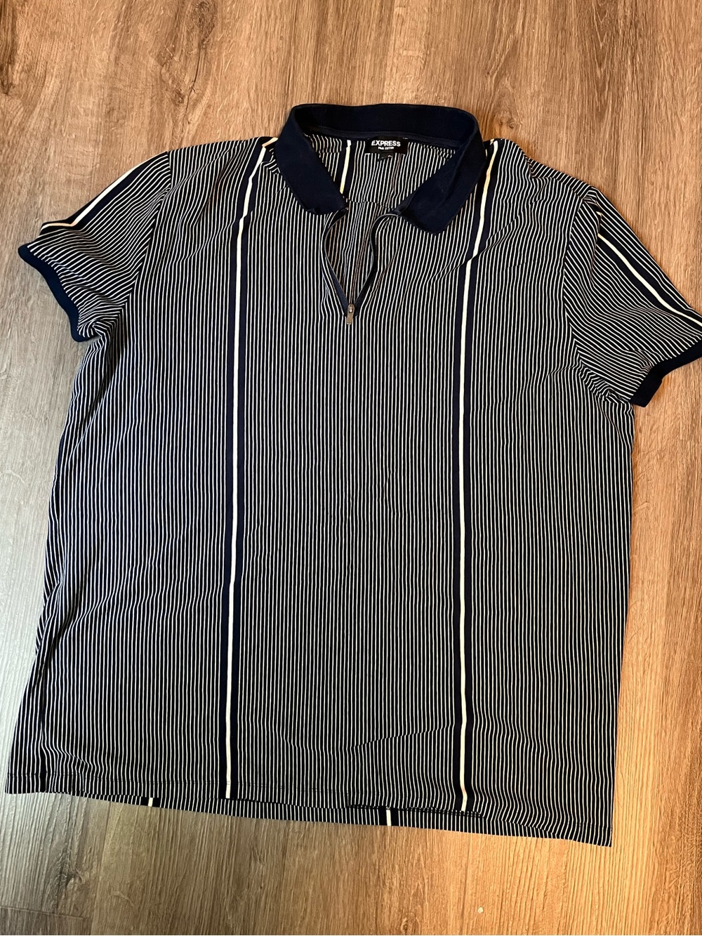 Express Pima cotton Navy and White Vertical Stripe Zip Polo